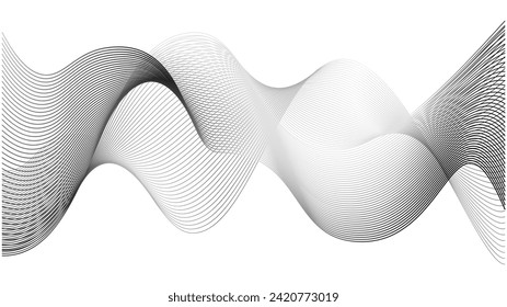 Line wave. Abstract wavy grey and white monochrome background. Curved graphic pattern. Sound flow digital blend technology. Modern movement music shape with stripes