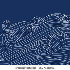 Line wave in art-nouveau style in the white color on the blue background.