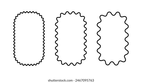 Marco de borde de curva de onda de línea. Bordes ondulados de rectángulo festoneado. Marco de imagen de rectángulo dibujado Doodle. Cuadro de texto oval vacío. Elemento de diseño en zigzag. Ilustración vectorial aislada sobre fondo blanco.