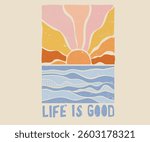 Line wave drawing. Beach wave print. Sunshine paradise graphic print design. Beach modern abstract art. Ocean abstract wave.