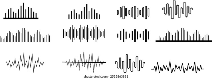 Line wave music sound set noise audio frequency icon signal podcast radio soundwave waveform volume art hand. Wave, Frequency, Acoustic line music logo recording voice wave doodle sketch abstract.