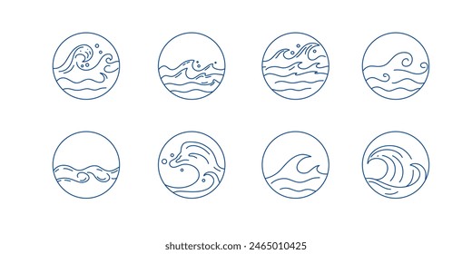 Las ondas de línea circulan. Contorno de iconos redondos marinos, logotipo de emblema o diseño de insignia. Ilustración mínima. Mar océano vacaciones de verano. Pictograma arroyos de agua. símbolo minimalista. Ilustración aislada de Vector