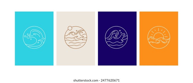 Line waves circle. Outline marine round icons, emblem logo or badge design. Minimal illustration. Sea ocean summer vacation. Pictogram water stream, Minimalistic symbol. Vector isolated illustration