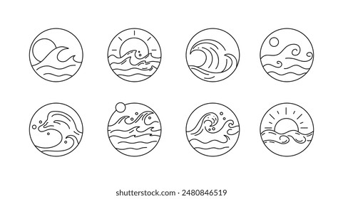 Las ondas de línea circulan. Contorno de iconos redondos marinos, logotipo de emblema o diseño de insignia. Ilustración mínima. Mar océano vacaciones de verano. Pictograma de agua corriente. símbolo minimalista. Ilustración aislada de Vector