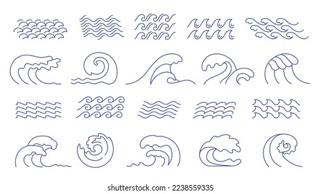 Line waves. Ocean surf curl, sea wave crest and water surface swing. Line art lake, doodle aqua and river vector icons set of line sea ocean wave illustration