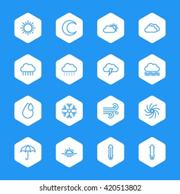 line weather icon set on white hexagon for web design, user interface (UI), infographic and mobile application (apps)