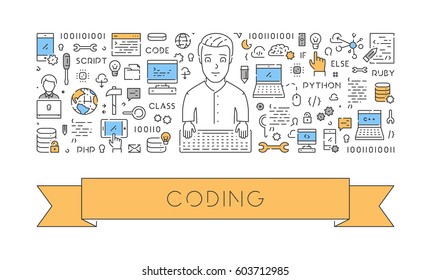 Line web banner for coding. Modern linear concept for programming.