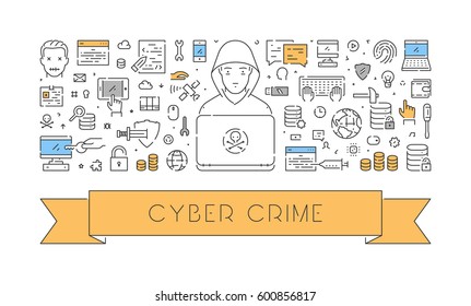 Line web banner for cyber crime. Modern linear concept for hacking.
