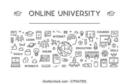 Line web banner for online university. Vector linear concept for education.