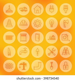 Line Web Building and Construction Icons Set. Vector Collection of Modern Thin Outline Icons of Industrial Tools Circle Shaped over Blurred Background.