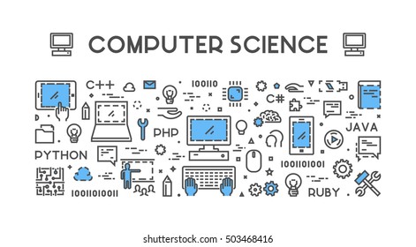 Line web concept for computer science. Vector banner for education. Open path.