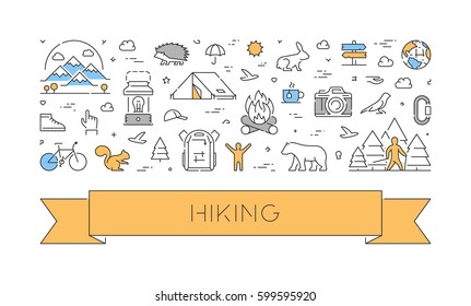 Line web design concept for hiking. Linear design banner for adventure. Open path.