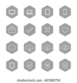 line web icon set on gray hexagon for web design, user interface (UI), infographic and mobile application (apps)