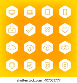 line web icon set on white hexagon for web design, user interface (UI), infographic and mobile application (apps)