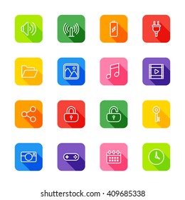 line web icon set on colorful rounded rectangle with shadow for web design, user interface (UI), infographic and mobile application (apps)