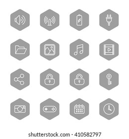 line web icon set on gray hexagon for web design, user interface (UI), infographic and mobile application (apps)