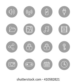 line web icon set on gray circle for web design, user interface (UI), infographic and mobile application (apps)