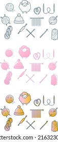 Line Web Icon Set Vector Illustration Knitting Icons Crochet, Yarn Knitting Needles Lamb On White Background