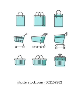 Line web icons set with flat design elements - E-commerce, shopping. Shopping bag, shopping cart, shopping basket.