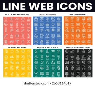 Conjunto de iconos web de línea de iconos web en estilo de línea. Colección de icono lineal de lupa. Contiene SEO, marketing digital, análisis de datos, gestión, investigar, encontrar y más. Trazo editable