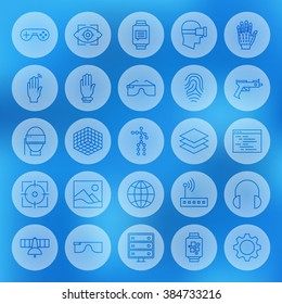 Line Web Virtual Reality Icons Set. Vector Collection of Modern Technology Thin Line Icons of Augmented Reality gadgets Circle Shaped over Blue Blurred Background.

