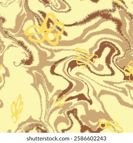 Line Weird Wavy Marble With Hand Draw Flower Seamless Pattern Vector illustration Art On Light-Yellow Background Wallpaper 