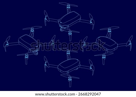 A line of white drones flies against a bright blue sky, each slightly overlapping the one below. The clean contour of each drone stands out sharply against the solid background.