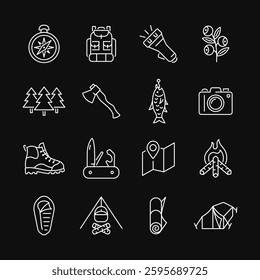 Сamping line white icon set on black background. Tourist vector symbols include compass, backpack, berry, forest, fish, camera, pocket knife, tent. Editable stroke.