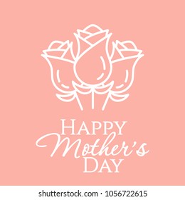 Line white roses bouquet with leaves isolated on pink pastel background-minimalistic mothers day congratulation card concept with outline elements of flowers and greeting. Vector illustration