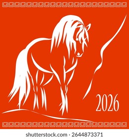 Retrato de Cavalo Selvagem de Linha. Ano Novo Lunar Calendário Mascote Animal Art. Cavalo Contorno Tinta Silhueta Esboço Desenhado. Sinal de Zodíaco chinês artesanal Contorno. Projeto de decoração do cartão-presente de saudação.