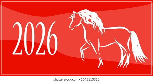 Retrato de Cavalo Selvagem de Linha. Ano Novo Lunar Calendário Mascote Animal Art. Cavalo Contorno Tinta Silhueta Esboço Desenhado. Sinal de Zodíaco chinês artesanal Contorno. Projeto de decoração do cartão-presente de saudação.