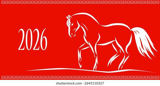 Retrato de Cavalo Selvagem de Linha. Ano Novo Lunar Calendário Mascote Animal Art. Cavalo Contorno Tinta Silhueta Esboço Desenhado. Sinal de Zodíaco chinês artesanal Contorno. Projeto de decoração do cartão-presente de saudação.