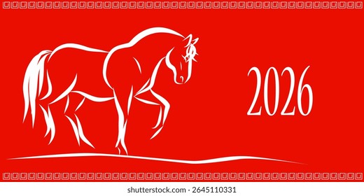 Retrato de Cavalo Selvagem de Linha. Ano Novo Lunar Calendário Mascote Animal Art. Cavalo Contorno Tinta Silhueta Esboço Desenhado. Sinal de Zodíaco chinês artesanal Contorno. Projeto de decoração do cartão-presente de saudação.