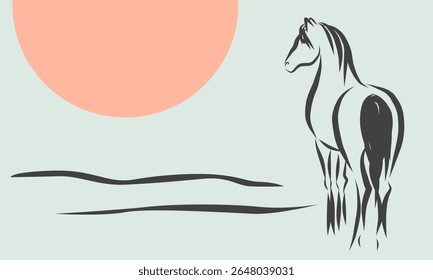 Retrato de Cavalo Selvagem de Linha. Ano Novo Lunar Calendário Mascote Animal Art. Cavalo Contorno Tinta Silhueta Esboço Desenhado. Sinal de Zodíaco chinês artesanal Contorno. Projeto de decoração do cartão-presente de saudação.