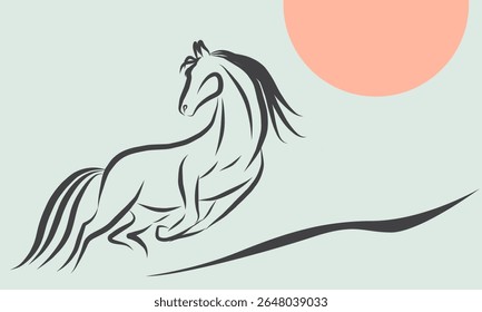 Retrato de Cavalo Selvagem de Linha. Ano Novo Lunar Calendário Mascote Animal Art. Cavalo Contorno Tinta Silhueta Esboço Desenhado. Sinal de Zodíaco chinês artesanal Contorno. Projeto de decoração do cartão-presente de saudação.