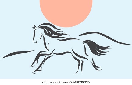 Line Wild Horse Portrait. Lunar New Year Calendar Mascot Animal Art. Horse Outline Ink Silhouette Sketch Drawn. Hand Crafted China Zodiac Sign Contour. Greeting Gift Card Decoration Design.