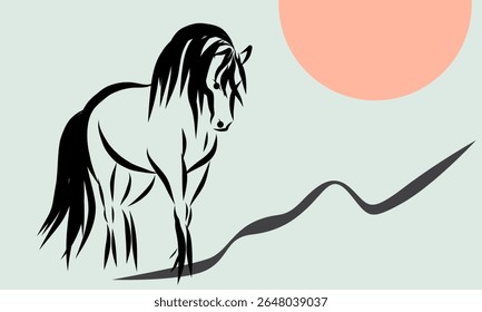 Retrato de Cavalo Selvagem de Linha. Ano Novo Lunar Calendário Mascote Animal Art. Cavalo Contorno Tinta Silhueta Esboço Desenhado. Sinal de Zodíaco chinês artesanal Contorno. Projeto de decoração do cartão-presente de saudação.