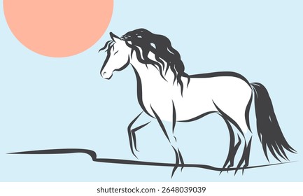Retrato de Cavalo Selvagem de Linha. Ano Novo Lunar Calendário Mascote Animal Art. Cavalo Contorno Tinta Silhueta Esboço Desenhado. Sinal de Zodíaco chinês artesanal Contorno. Projeto de decoração do cartão-presente de saudação.