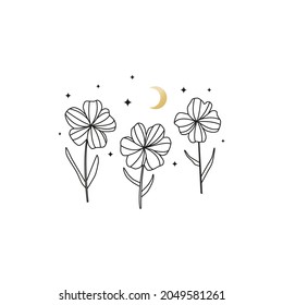 Line wildflowers with crescent moon and stars around isolated on white background.