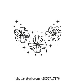 Line wildflowers and stars composed in crescent moon shape isolated on white background.