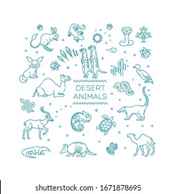 Line wildlife concept with different desert animals . Vector illustration
