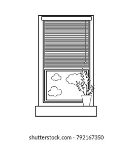 line window with curtain blind open and plant