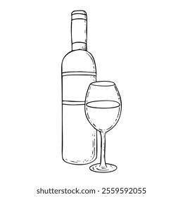 Line wine bottle and glass black and white vector illustration. Kosher alcoholic drink for Jewish holidays, Shabbat Kiddush, Purim celebration and Passover. Hand drawn ink sketch