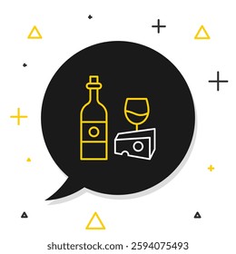 Line Wine bottle with glass and cheese icon isolated on white background. Romantic dinner. Colorful outline concept. Vector