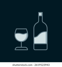 Line Wine bottle with glass icon isolated on black background. Flat filled outline style with shadow. Vector