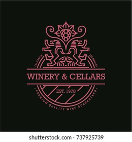 line wine label, winery heraldic emblem on black background
