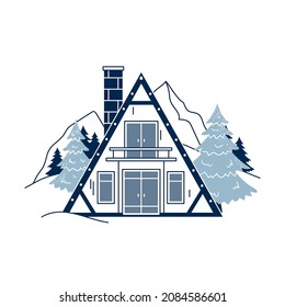 Line winter house, countryside cottage isolated on white background. Forest and mountains. European city town building. Real estate and landscape flat line art vector illustration
