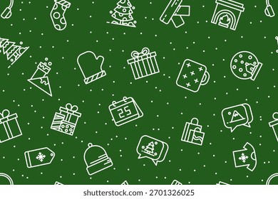 Line Winter icon seamless pattern green background. Christmas backdrop pattern.