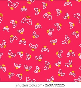 Line Wireless gamepad icon isolated seamless pattern on red background. Game controller.  Vector