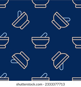 Line Witch cauldron icon isolated seamless pattern on blue background. Happy Halloween party.  Vector